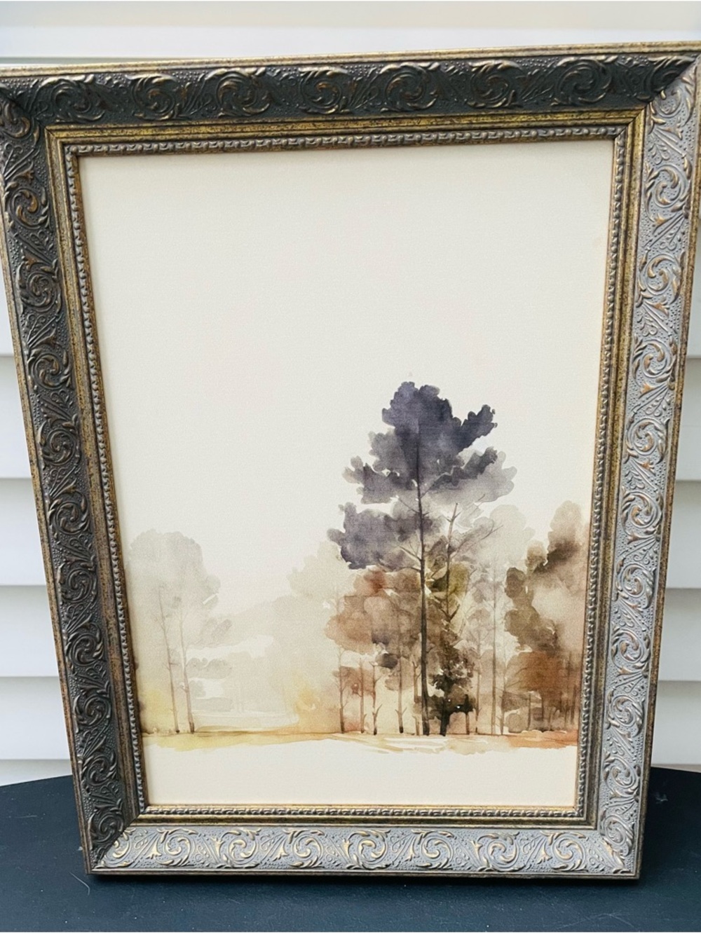 Vintage style Framed Watercolor Tree Landscape in Neutral Tones